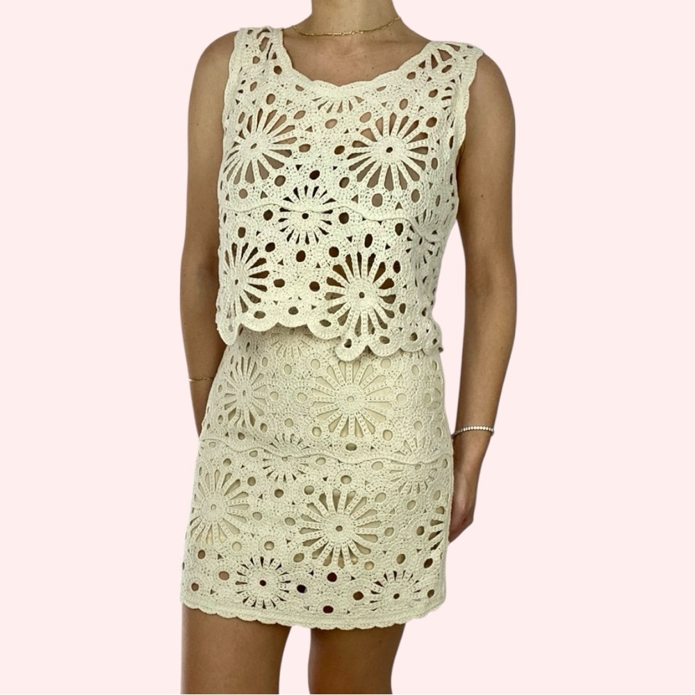 Cream Beige Crochet Mini skirt set